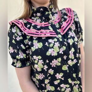 NWT- Floral Button Down Shirt - Black and Pink